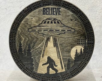 Cribbage Board, Round Wood Three-Player Bigfoot UFO Design