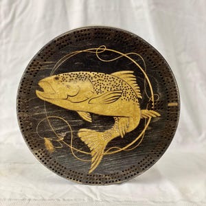 Custom Cribbage Wood Board, Engraved Fly-Fishing Design with Magnetic Drawer