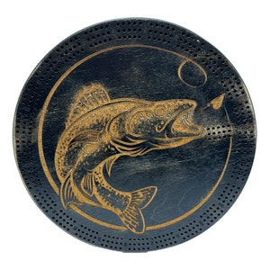 Walleye fishing 3 player Cribbage Board Round