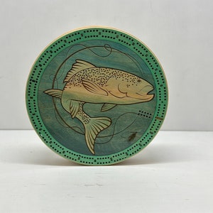 Salmon, trout, Fly Fishing, round custom Cribbage Board, various sizes and player options