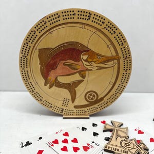 Koho Salmon, Fly Fishing, standard round 3 player, custom Cribbage Board