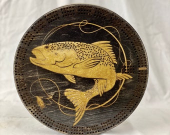 Salmon, trout, Fly Fishing, round 3 player, custom Cribbage Board