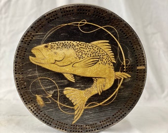 Salmon, trout, Fly Fishing, round 3 player, custom Cribbage Board