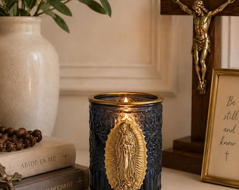 Blue Glass Marian Vessel | Catholic Altar Decor, Virgin Table Candle Holder