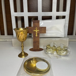 Gold Mass Kit: Vintage Brass Chalice, Crucifix, Altar Cloth