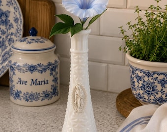 Vintage Our Lady of Guadalupe Milk Glass Vase | Marian Catholic Flower Vase | Vintage Catholic Home Decor