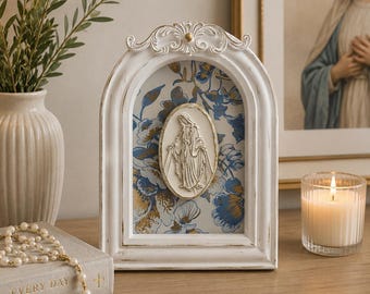 Our Lady of Grace Framed Art | Blue Floral Catholic Decor | Handmade Marian Relief