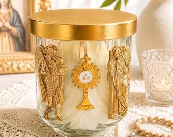 Catholic Prayer Candle | Monstrance & St. Michael | Devotional Candle | Religious Gift | Home Altar Decor