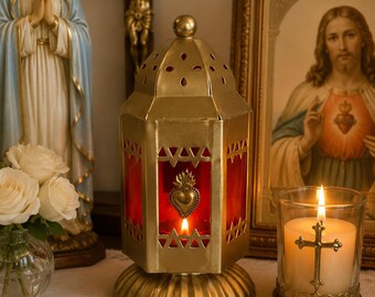 Sacred Heart Sanctuary Lantern | Catholic Home Altar Candle Holder | Eucharistic Adoration Decor