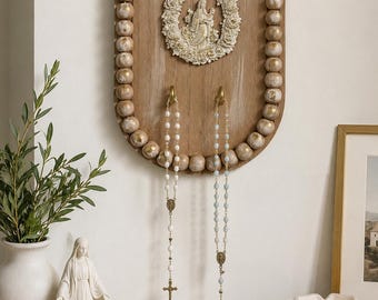 Handmade Marian Roasry Hanger | Key Holder | Blessed Mother Rosary Rack, Entryway Decor