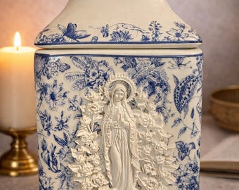 Catholic Marian Tissue Holder Vase | Our Lady Home Decor | Blue Floral Religious Gift