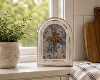 Handcrafted Gold Crucifix Art | Blue Floral Arch Frame, Distressed White Catholic Decor