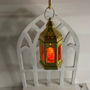 Red hanging sanctuary lamp,  gold accent with battery operated candle CGS Catechesis Good Shepherd, atrium, religious education,pretendPlay
