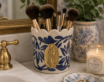 Ceramic Organizer Cup | Blue White Floral, Our Lady of Guadalupe Medallion