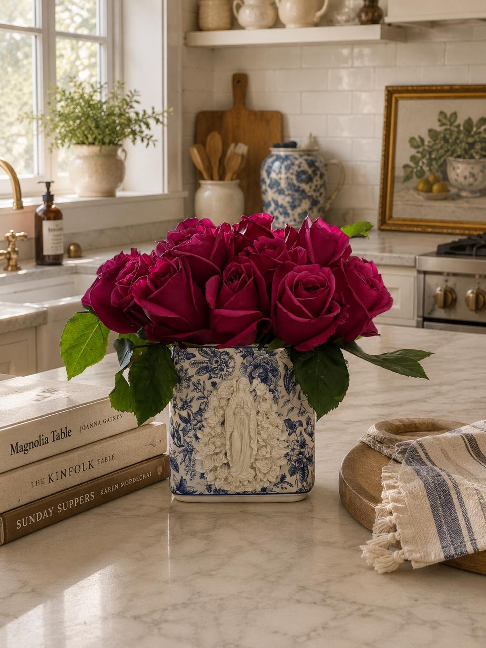 Blue & White Marian Floral Vase – Catholic Floral Arrangement Ceramic Vase, Virgin Mary Centerpiece – Cottage Style Home Décor
