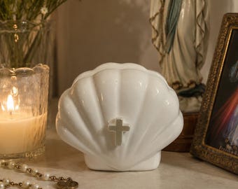 Baptismal Shell Photo & Holy Card Holder | Catholic Baptism Keepsake | White Ceramic Cross Display