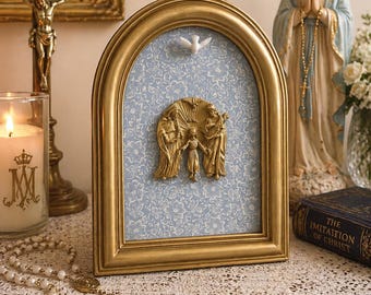 Holy Family Shrine | Gold Arched Frame, Marian Blue Background, Catholic Decor