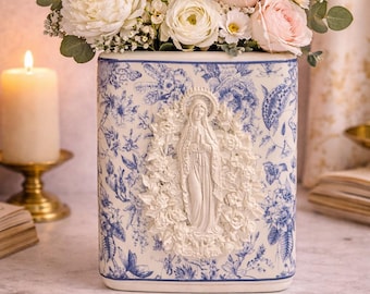 Catholic Blue White Chinoiserie Tissue Box Cover Vase | Our Lady Floral Relief Gift
