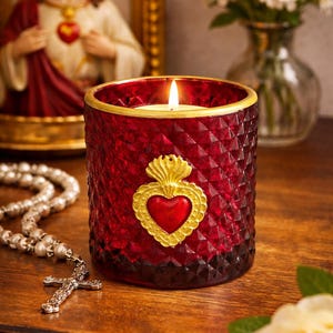 Sacred  Heart Votive Holder | Ruby Red Glass Prayer Candle Light
