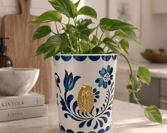 Blue White Catholic Marian Utensil Holder | Our Lady of Guadalupe Kitchen Decor Vase