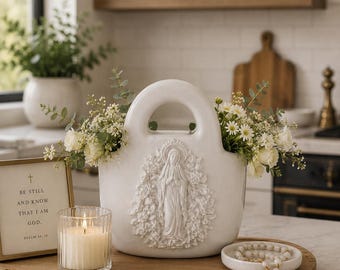 White Ceramic Marian Vase with Virgin Mary Relief | Farmhouse Catholic  Decor