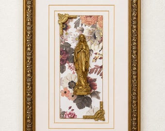 Our Lady Floral Wall Art | One-of-a-Kind Upcycled Marian Decor | Gold Framed Catholic Art