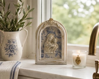 Handmade Madonna and Child Art | Distressed White Arched Frame, Blue Floral Background