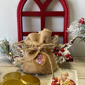 Saint Nicholas Purse with chocolate coins (BURLAP) St. Nicholas day Catholic feast day Advent Christmas stocking stuffer chocolate money bag