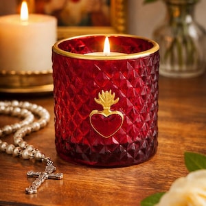 Sacred Heart Votive Holder | Ruby Red Glass Prayer Candle Light
