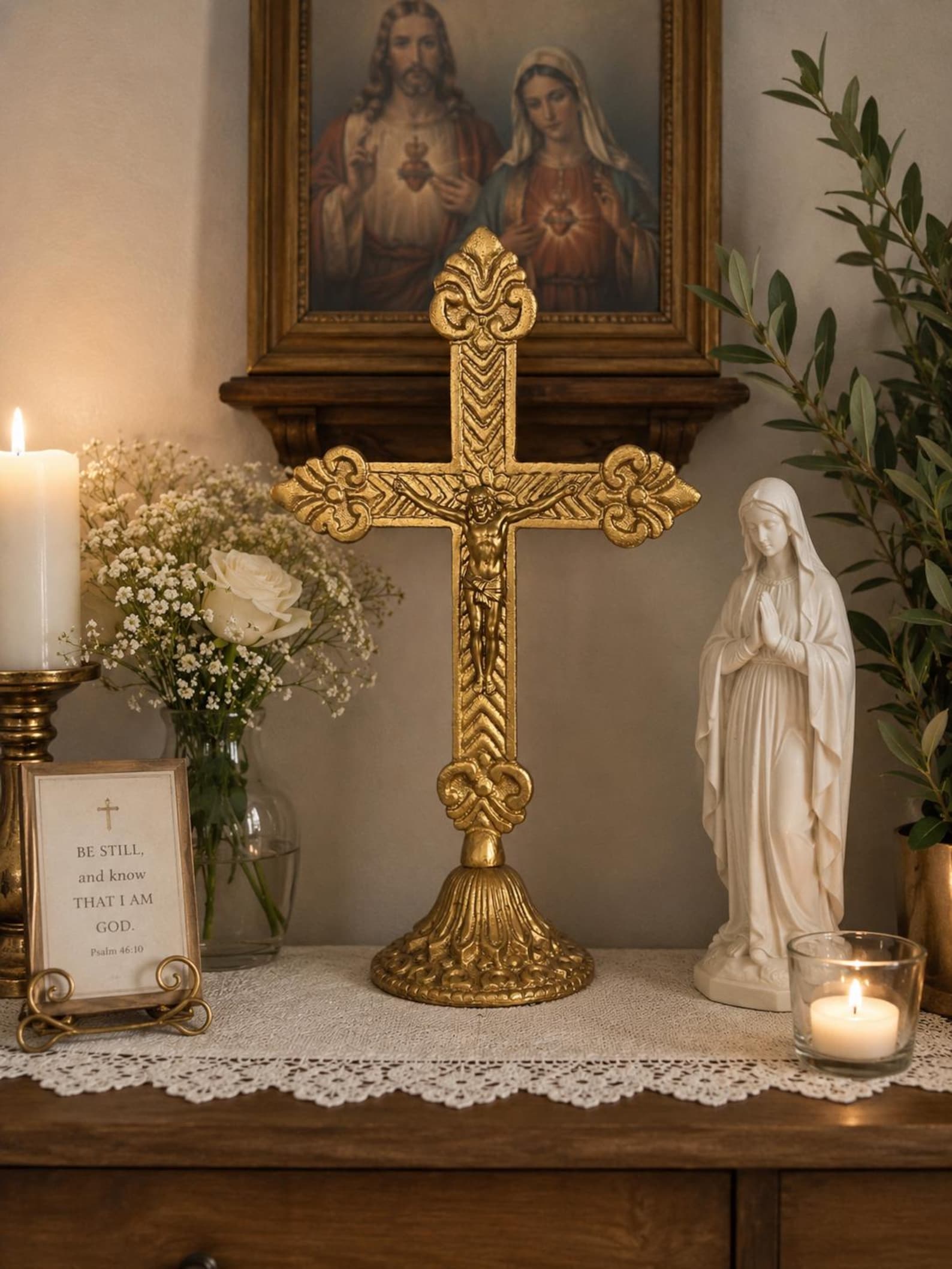 Gold Ornate Standing Crucifix | Catholic Tabletop Altar Cross, Christian Home Decor