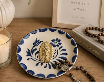 Our Lady of Guadalupe Ceramic Dish – Blue Floral Rosary Holder, Jewelry Tray