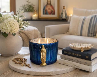 Our Lady Triple Wick Candle | Blue & Gold Marian Candle | Catholic Home Decor | Blessed Mother Devotional Candle