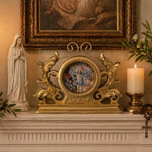 May include: A gold-colored decorative clock with an image of Jesus Christ, flanked by ornate, swirling designs. A lit candle and a statue of the Virgin Mary are on the left. A lit candle and a vase of flowers are on the right. A rosary hangs in front.