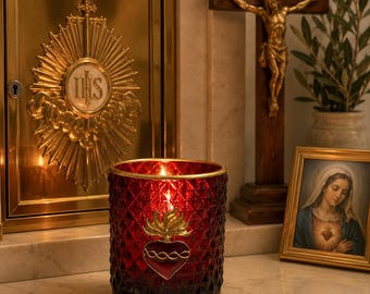 Sacred  Heart Votive Holder | Ruby Red Glass Prayer Candle Light