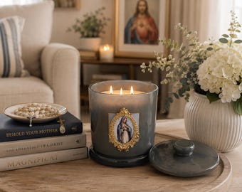 Blue Glass  Rosary Candle | Double Wick Marian Devotional Candle with Lid