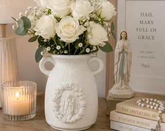 Our Lady & Child White Floral Vase | Marian Catholic Home Décor