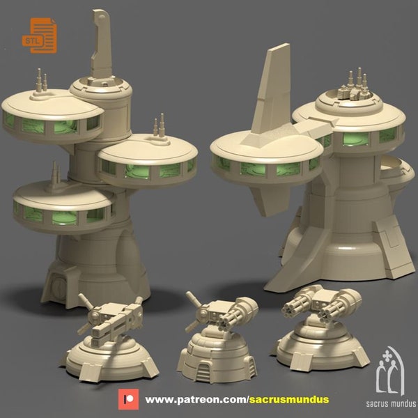 STL - Futuristic Scenery Bundle 2. Command Tower, Admin Block and Defense Cannons