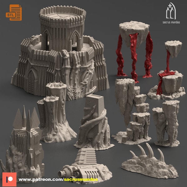 STL - The Daemonic Vortex. 3d Printing Designs Bundle. Chaos / Demon, Buildings, Rocks, Spaceship wreckage. Terrain and Scenery for Wargames