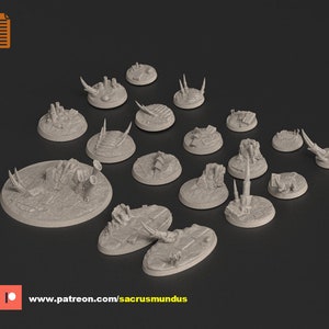 STL - Tulipa, The Infested World. 3d Printing Designs. Alien, Xenos Spore Tyranid Round Bases Set for Wargames