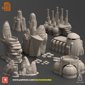 STL - The Thriving Planet. 3d Printing Designs Bundle. Futuristic Scifi Buildings, Rocks and Generators. Terrain and Scenery for Wargames