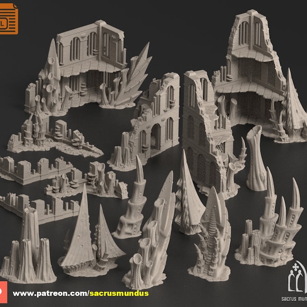 STL - Tulipa, The Infested World. 3d Printing Designs Bundle. Alien Tyranid Scifi Ruins. Terrain and Scenery for Wargames