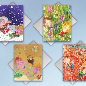 Niños jugando en cuatro temporadas / juego de cartas de notas en blanco