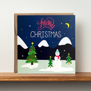 Cartão de Feliz Natal - Cartão de Natal ao ar livre - Cartão de boneco de neve fofo - Cartão de floresta de Natal - Cartão mágico de Natal - cartão de montanha de férias - árvores