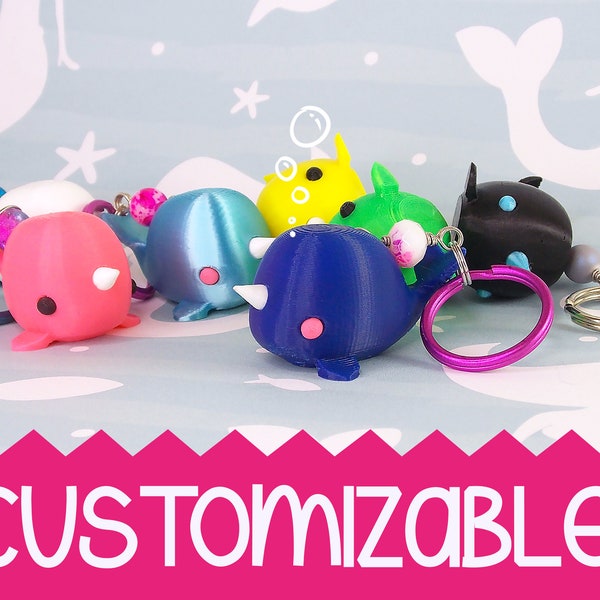 Narwhal keychain, cute 3D printed customizable keyring, pick your colors!