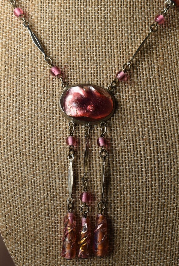 Venetian Murano Art Deco Pink Foil Glass Necklace 