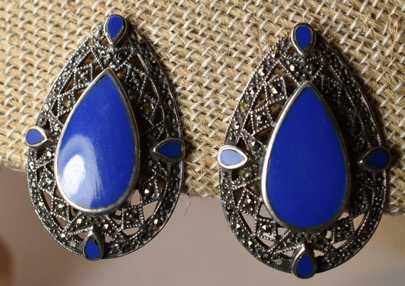 LARGE Lapis Blue Enamel Vintage Clip Earrings Ste… - image 1