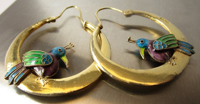 Vintage Laurel Burch Earrings Enamel Birds Sterling Vermeil Hoops Blue Purple