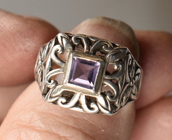 Vintage FAS Sterling Ring Square Faceted Amethyst… - image 1