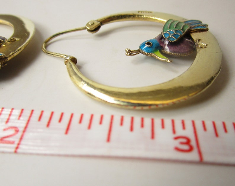 Vintage Laurel Burch Earrings Enamel Birds Sterling Vermeil Hoops Blue Purple