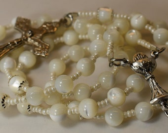 Mother Of Pearl Shell Catholic Eucharistic Rosary Girls Kids White Handmade Unbreakable